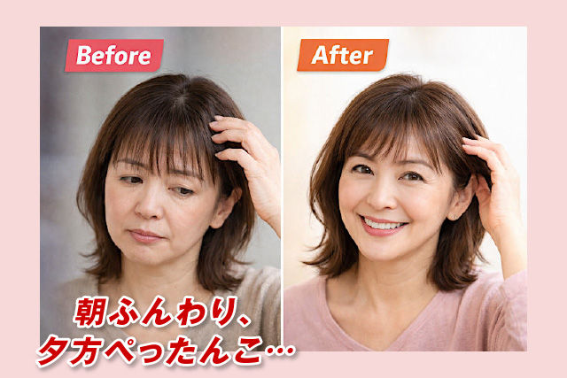 Before/Afterの女性写真:「朝ふんわり、夕方ぺったんこ…」のコピーあり